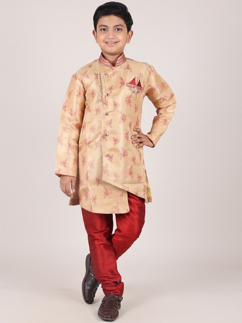 

Pothys Boys Khaki Floral Printed Jacquard Angrakha Kurta with Churidar