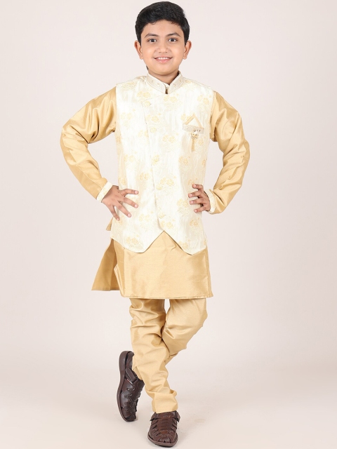 

Pothys Boys Creaam-coloured Jacquard Top & Silk Blend Bottom Sherwani, Cream