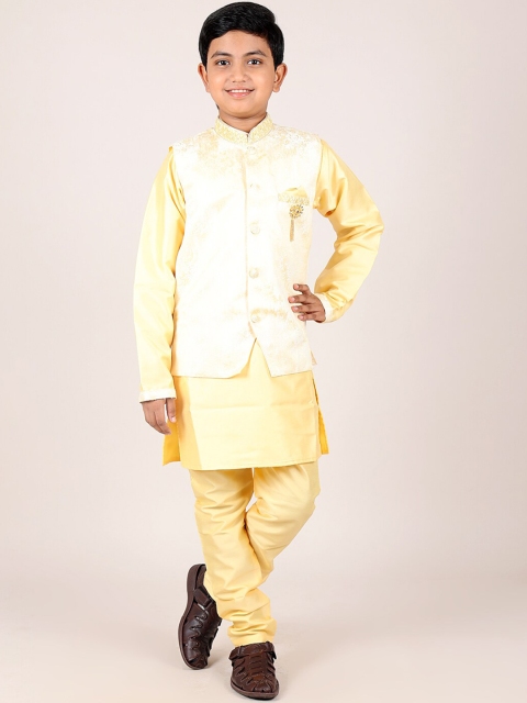 

Pothys Boys Yellow Jacquard Kurta with Churidar & Nehru Jacket