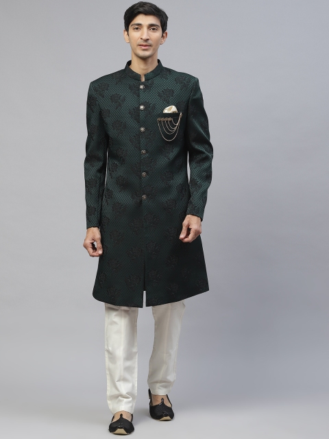 

MAXENCE Men Bottle Green & Black Self-Design Sherwani Set