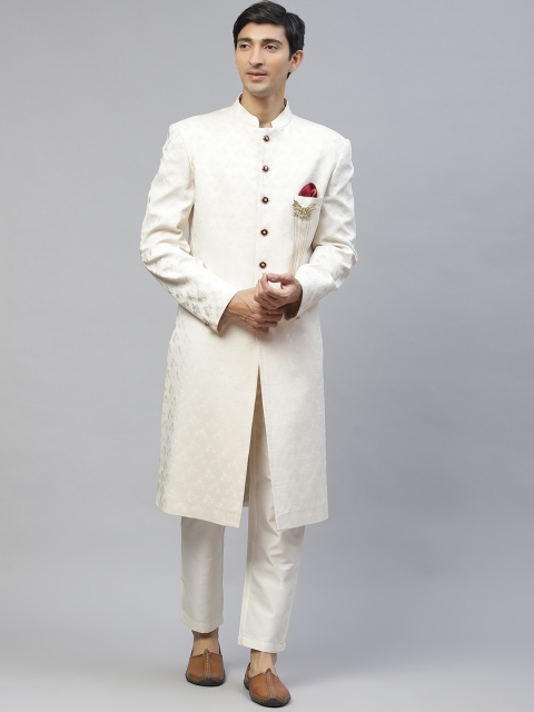 

MAXENCE Men Off White & Golden Self Design Sherwani Set