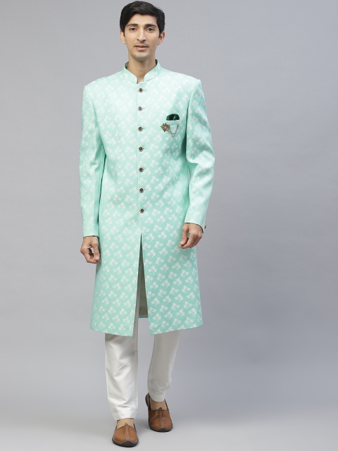 

MAXENCE Men Sea Green & White Floral Sherwani Set