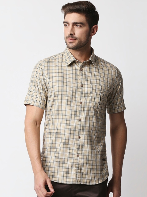 

Basics Men Khaki Slim Fit Checked Casual Cotton Shirt