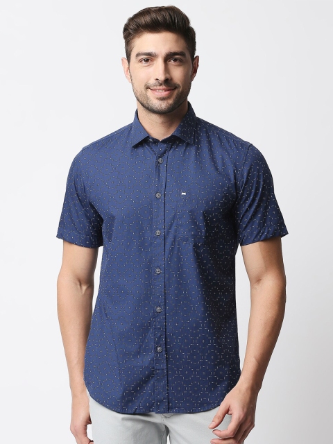 

Basics Men Navy Blue Slim Fit Printed Casual Cotton Shirt