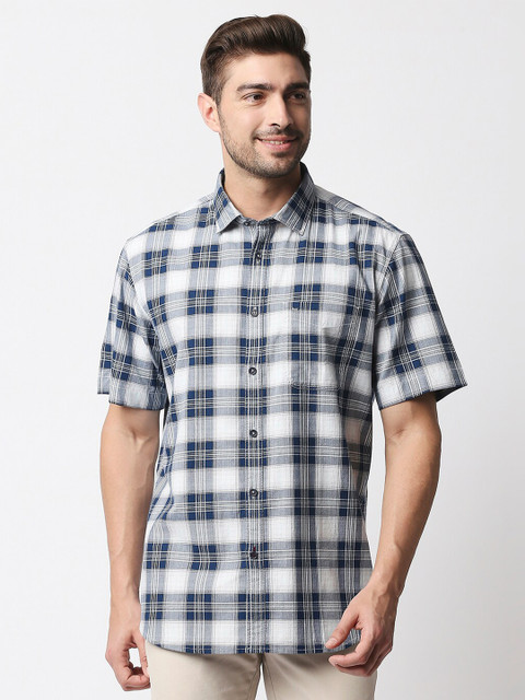 

Basics Men Navy Blue Slim Fit Tartan Checks Checked Cotton Casual Shirt