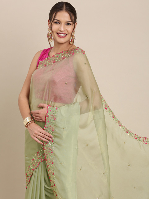 

PERFECTBLUE Mint Green & Gold Embellished Sequinned Organza Saree