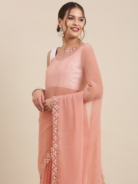 

PERFECTBLUE Peach-Coloured Crinkled Mirror Work Organza Saree