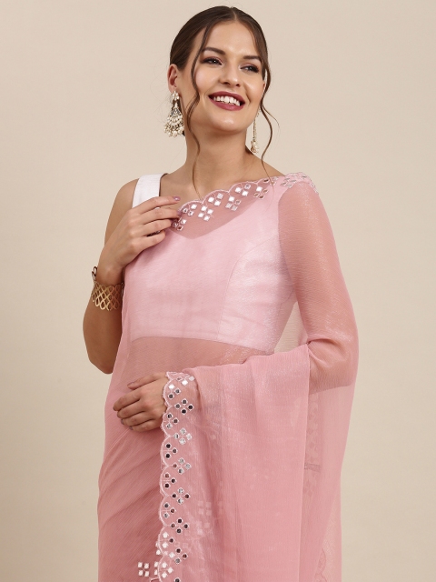 

PERFECTBLUE Lavender Crinkled Mirror Work Organza Saree