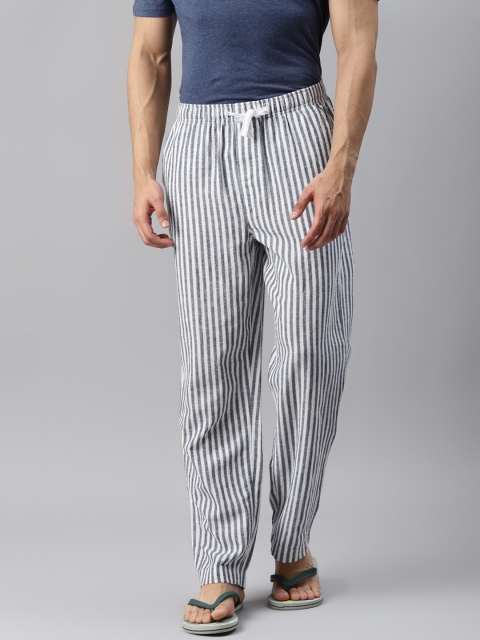 

Marks & Spencer Men Navy Blue & White Striped Cotton Linen Lounge Pants