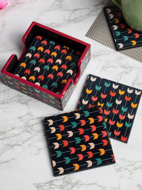 

MARKET99 Multicoloured Floral Pack Of 6 Wooden Coaster Set With Holder, Multi