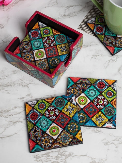 

MARKET99 Multicoloured Pack of 6 Wooden Coaster Set With Holder, Multi