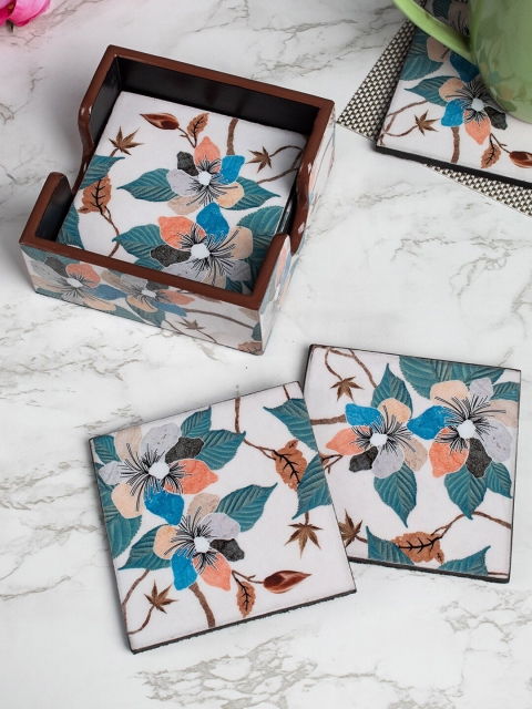 

MARKET99 White Pack Of 6 Wooden Coaster Set with Holder Tableware