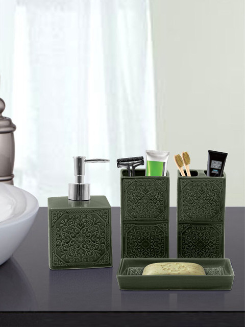 

MARKET99 Set Of 4 Green Textured Ceramic Bathroom Accessories