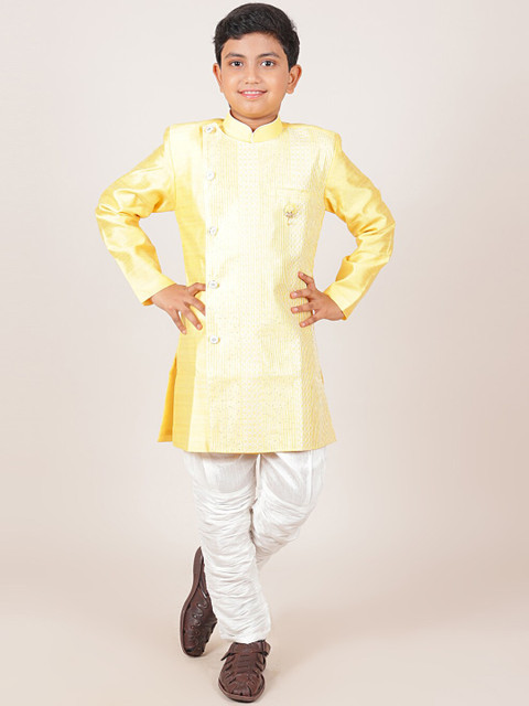 

Pothys Boys Yellow And White Jacquard Sherwani Set