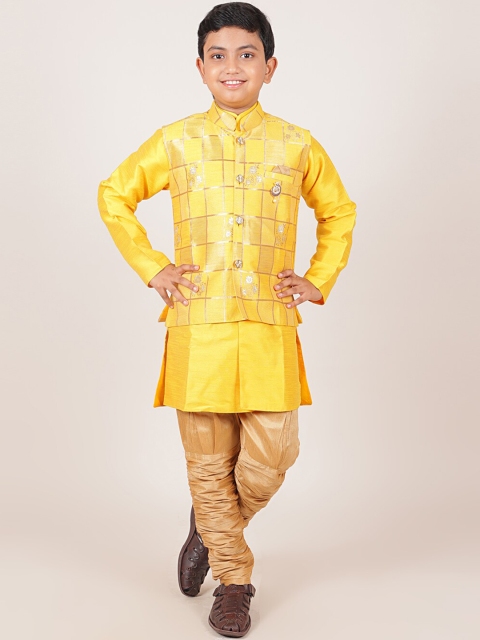 

Pothys Boys Yellow & Khaki Embellished Jacquard Sherwani With Brooch