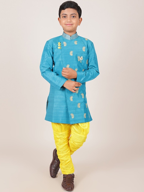 

Pothys Boys Blue & Yellow Ethnic Motifs Embroidered Sherwani
