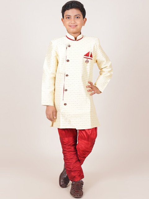 

Pothys Boys Cream & Maroon Embellished Jacquard Sherwani With Pocket Square