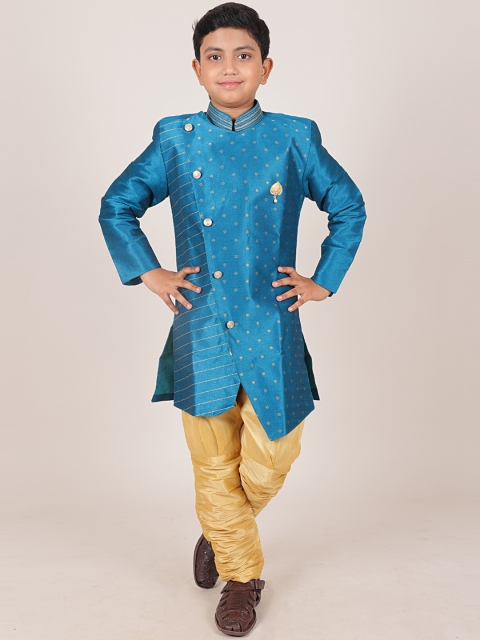 

Pothys Boys Teal & Cream-Coloured Jacquard Sherwani Set