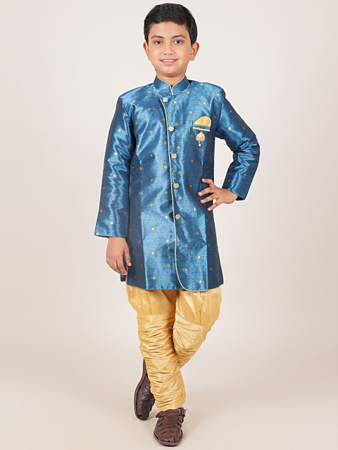 

Pothys Boys Teal & Cream Embellished Jacquard Sherwani With Pocket Square