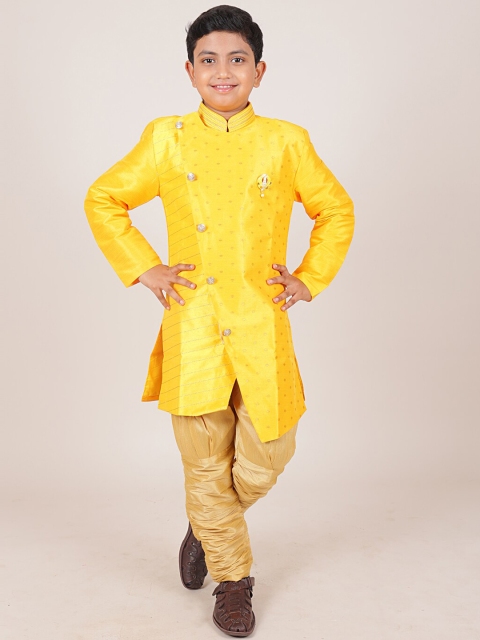 

Pothys Boys Yellow & Gold Toned Jacquard Sherwani