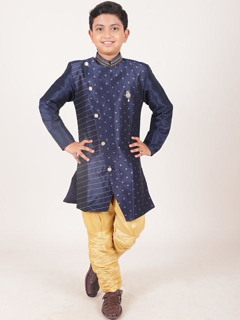 

Pothys Boys Navy Blue And Cream-Coloured Jacquard Sherwani