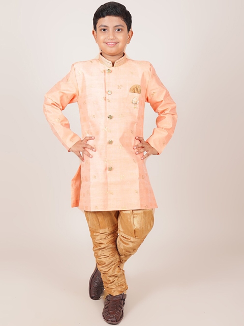 

Pothys Boys Peach-coloured And Khaki Jacquard Sherwani