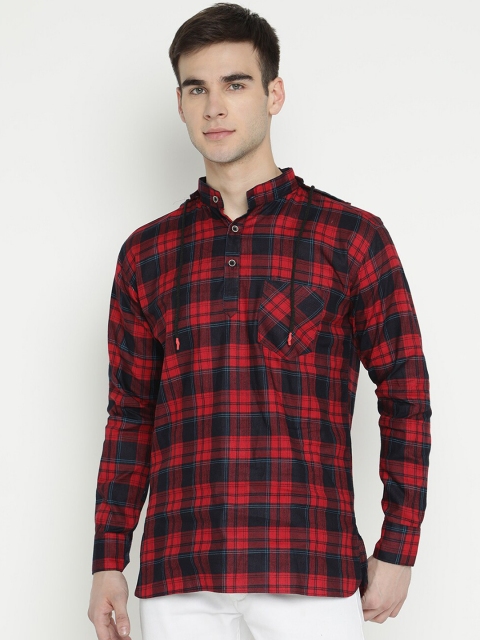

V2 Value & Variety Men Red Checked Thread Work Denim Pathani Kurta
