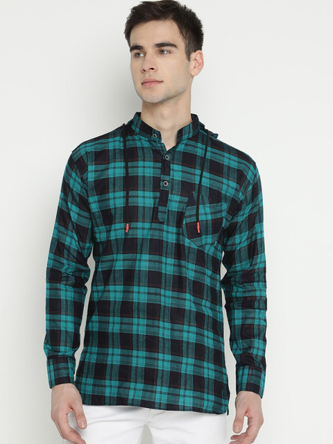 

V2 Value & Variety Men Green & Black Checked Hooded Cotton Shirt