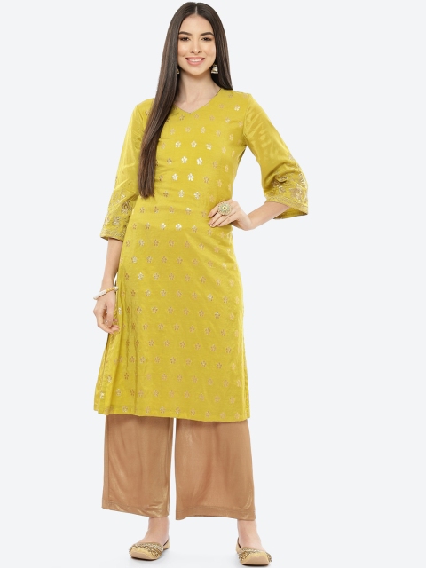

Rangriti Women Yellow & Golden Ethnic Motifs Embroidered Flared Sleeves Brocade Kurta