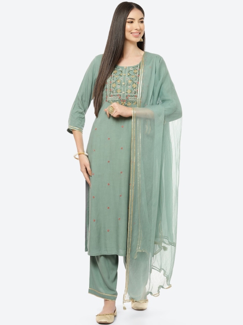 

Rangriti Women Green Floral Embroidered Kurta with Salwar & With Dupatta