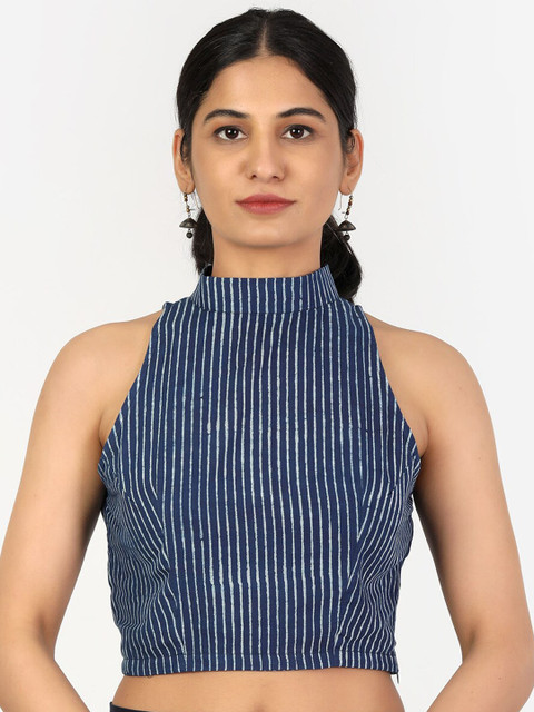 

Llajja Women Blue Hand Block Pure Cotton Saree Blouse