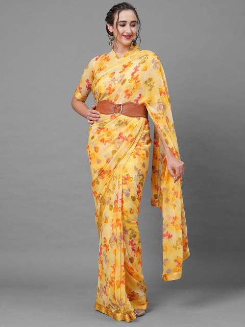 

Mitera Yellow & Green Floral Georgette Saree
