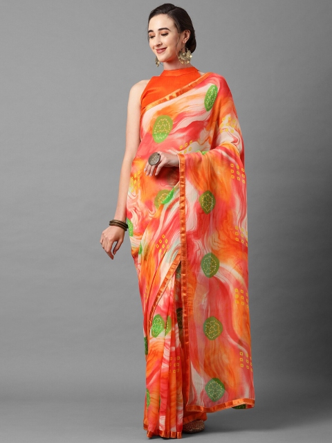 

Mitera Orange & Green Bandhani Chiffon Saree