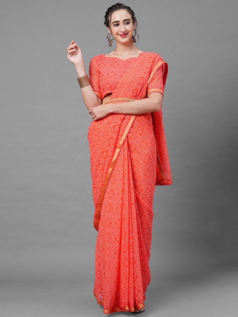 

Mitera Peach-Coloured & White Bandhani Zari Saree