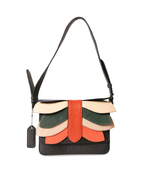 

PERKED Black Colourblocked Leather Structured Satchel