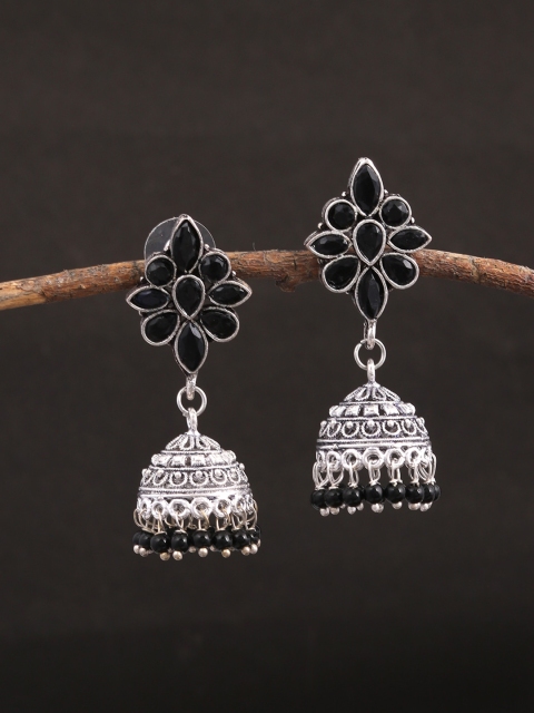 

Silvermerc Designs Women Silver-Toned & Black Beaded Oxidized Jhumka Earrings