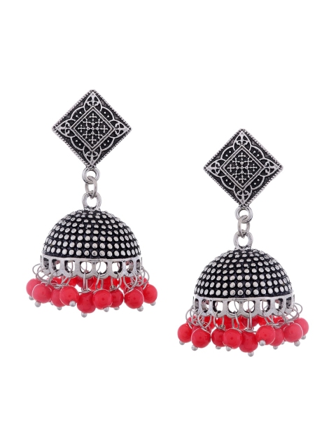 

Silvermerc Designs Women Silver-Toned & Red Oxidized Jhumka Earrings