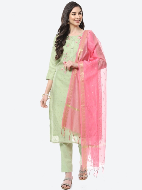 

Meena Bazaar Green & Pink Embroidered Unstitched Dress Material