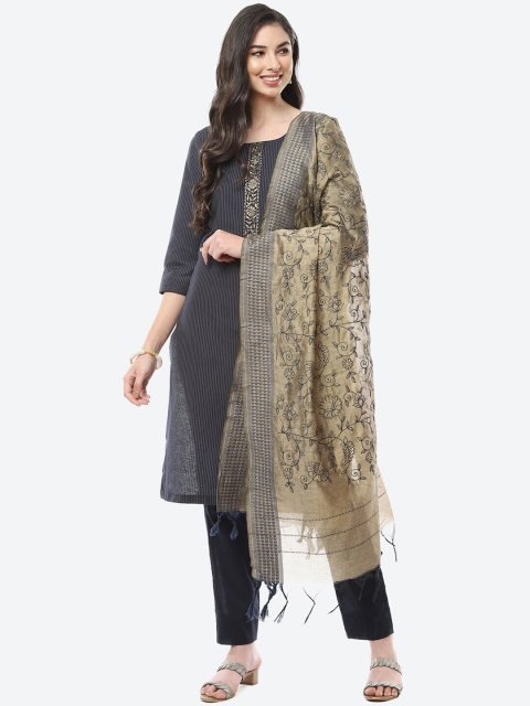 

Meena Bazaar Navy Blue & Tan Printed Pure Cotton Unstitched Dress Material