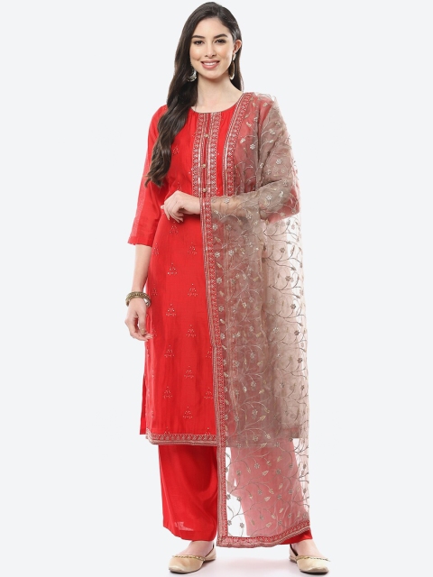 

Meena Bazaar Women Maroon & Silver-Toned Embroidered Unstitched Chanderi Dress Material