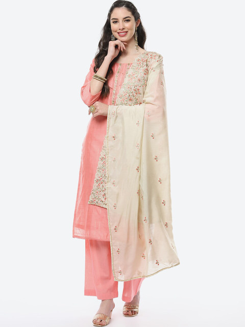 

Meena Bazaar Women Pink & Beige Printed Unstitched Chanderi Dress Material