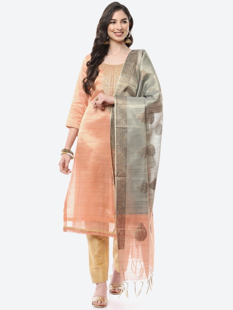 

Meena Bazaar Peach-Coloured & Grey Embellished Unstitched Dress Material