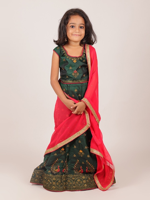 

Pothys Girls Green & Fuchsia Embroidered Zardozi Ready to Wear Lehenga & Blouse With Dupatta