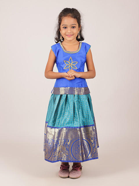 

Pothys Girls Blue & Green Embellished Beads and Stones Ready to Wear Lehenga