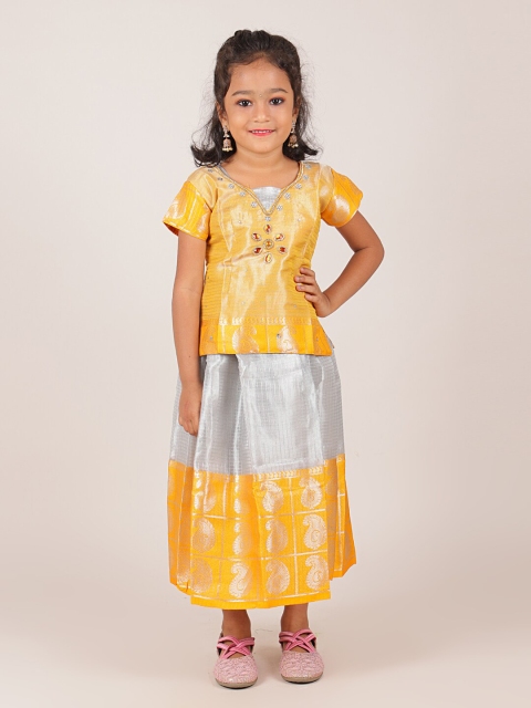

Pothys Girls Gold-Toned & Grey Embellished Ready To Wear Lehenga & Blouse with Dupatta