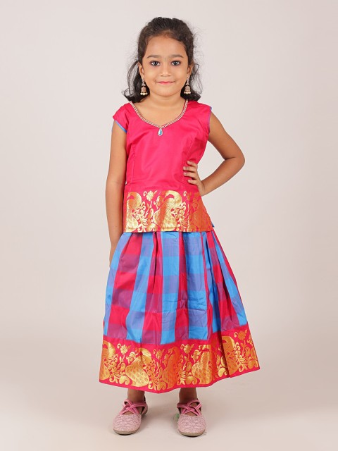 

Pothys Girls Red & Blue Woven Design Ready to Wear Lehenga Choli