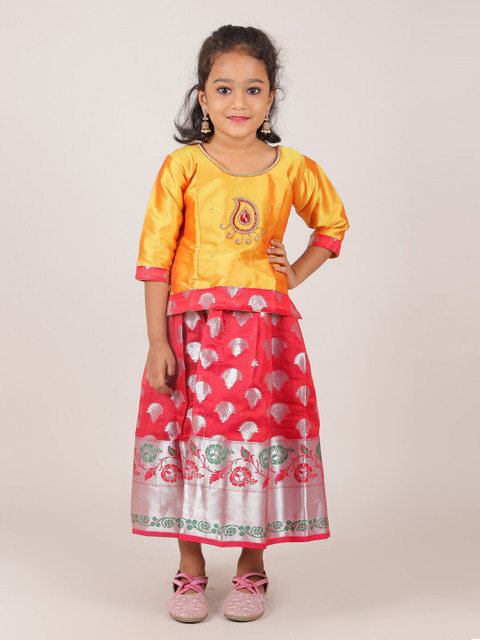 

Pothys Girls Yellow & Red Embellished Beads and Stones Ready to Wear Lehenga