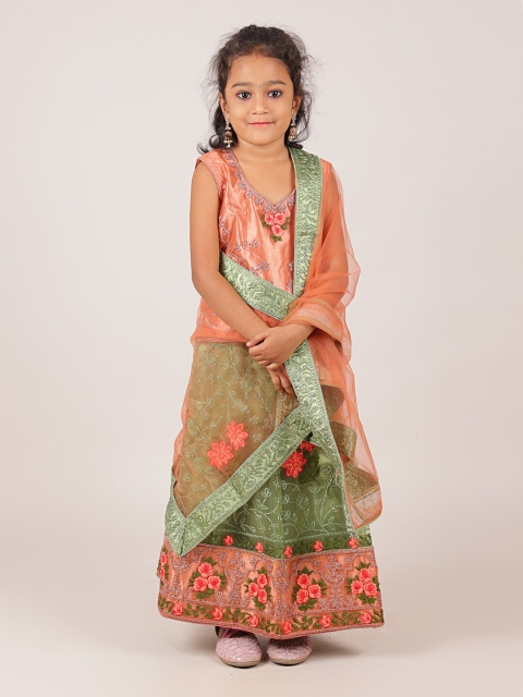 

Pothys Girls Peach-Coloured & Green Embroidered Ready to Wear Lehenga & Blouse With Dupatta
