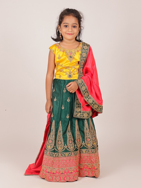 

Pothys Girls Yellow & Green Embroidered Ready to Wear Lehenga & Blouse With Dupatta