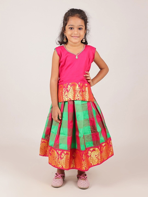 

Pothys Girls Pink & Green Gold-Toned Ready To Wear Lehenga & Blouse with Dupatta